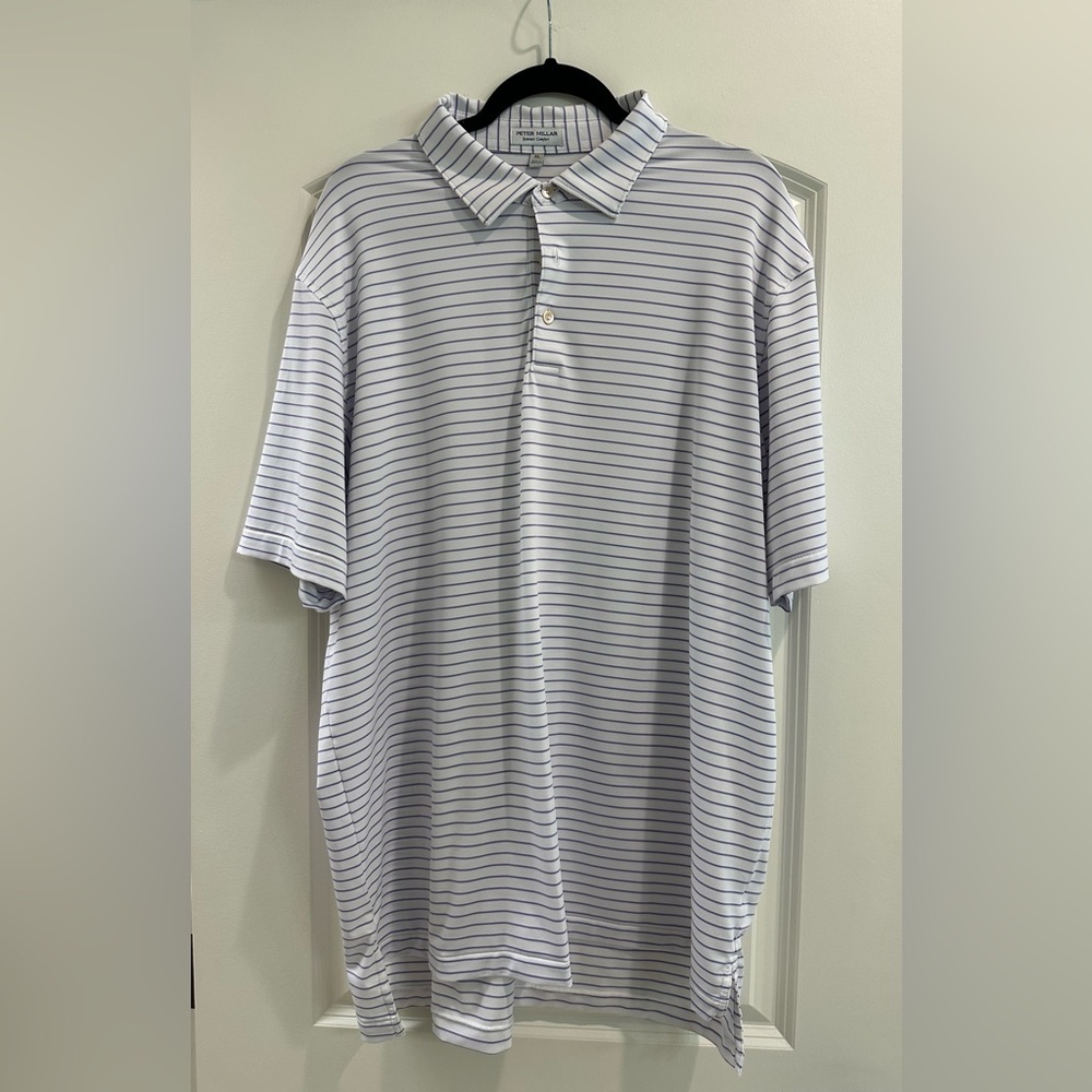 Peter Millar White and Blue Striped Polo Shirt